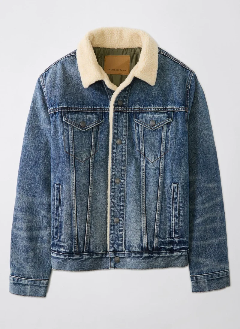 American Eagle Denim Sherpa Button Down Trucker Jacket