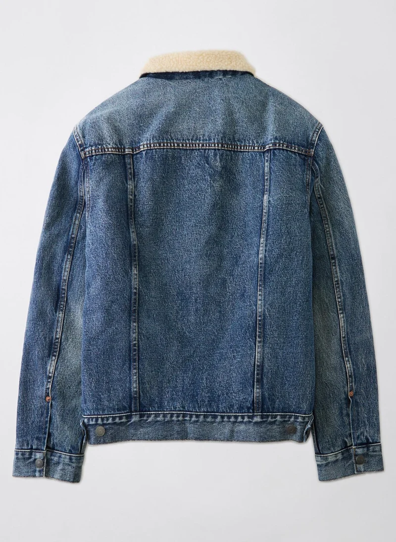 American Eagle Denim Sherpa Button Down Trucker Jacket
