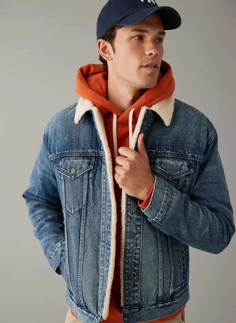 American Eagle Denim Sherpa Button Down Trucker Jacket