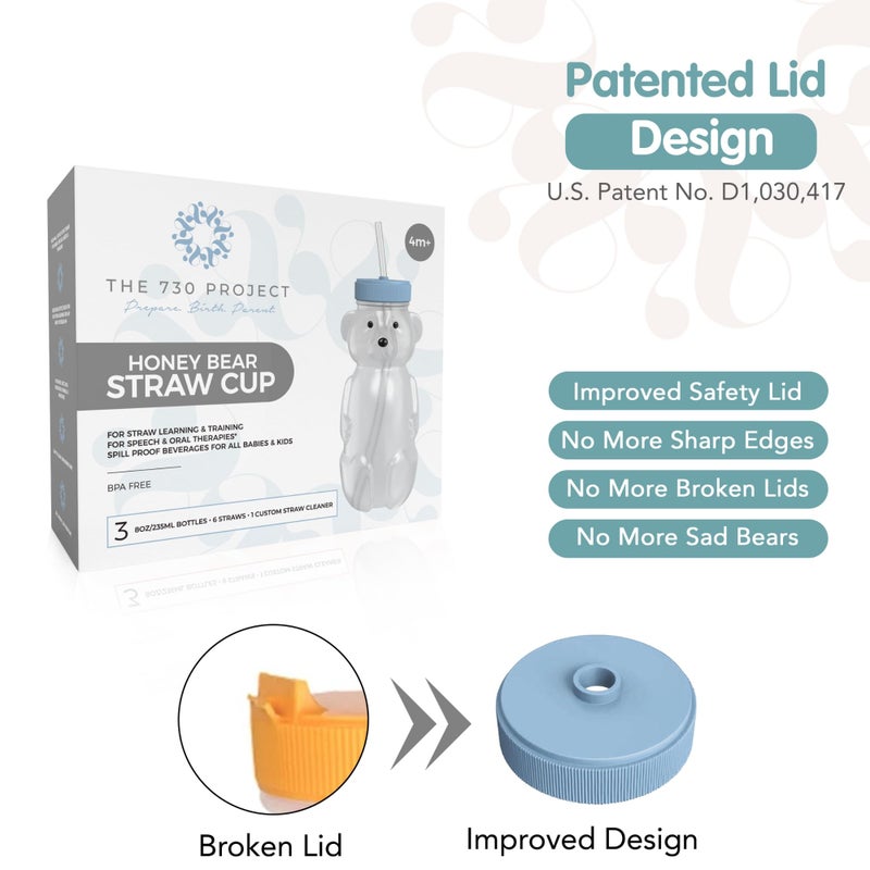 The 730 Project Honey Bear Straw Cup for Babies, 8-oz Honey Bear Cup with Lid, 3-Pack Therapy Learning Honeybear Straw Cup, Baby Honey Bear Bottle Set, Blueberry Pie BLUE - Image 3