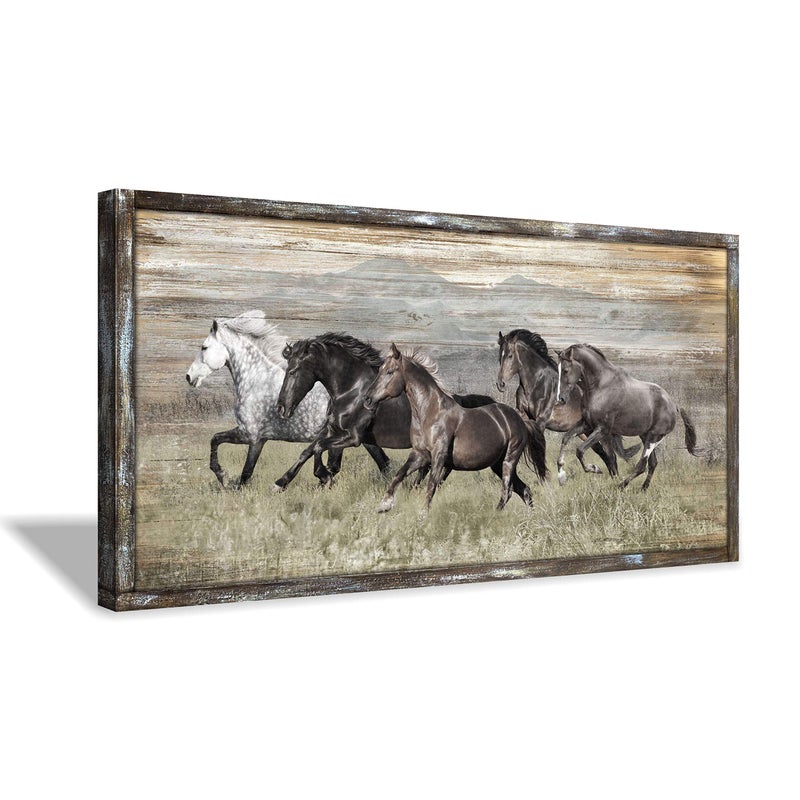 Wooden Horses Picture Wall Decor Modern Running Wildlife Horse Animal Painting Print on Rustic Textured Wood Artwork Wall Art with Handcrafted Wooden Framed 48 x 24