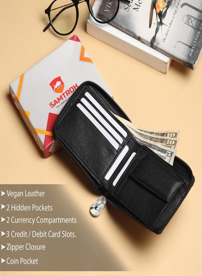 SAMTROH Denim Printed Zipper Round Chain Vegan Leather Wallet for Men & Women I 3 Card Slots I 2 Currency & 2 Secret Compartments I 1 Coin Pocket (Denim Black) - Image 3