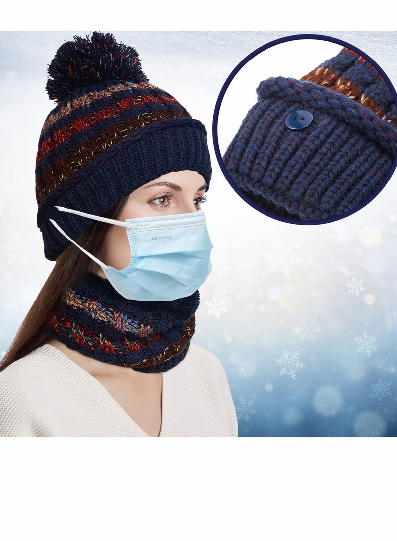 KASTWAVE طقم قبعة شتوية ووشاح وقناع وقفازات نسائية مكون من 3 قطع، قبعة تزلج مبطنة بالفليس الدافئ مع وشاح وقناع وجه وقفازات تعمل باللمس مع بوم بوم للفتيات - Image 5
