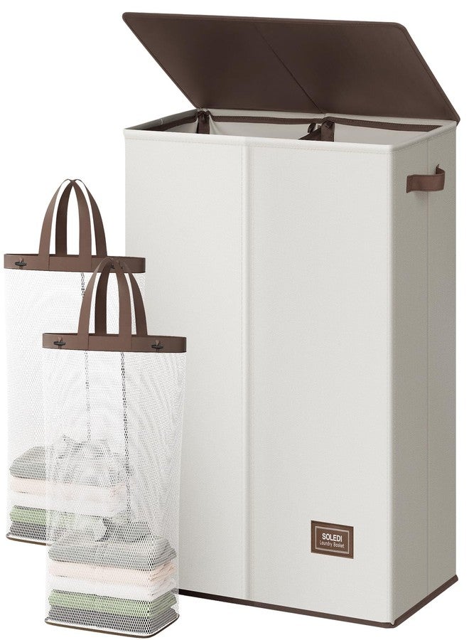 SOLEDI Luxury Double Laundry Hamper with Lid and Removable Bags, Large Hamper for Laundry, Laundry Basket 2 Sections, Collapsible Ditry Clothes Hamper for Bedroom, Laundry Room, Bathroom, Off-white - Image 1