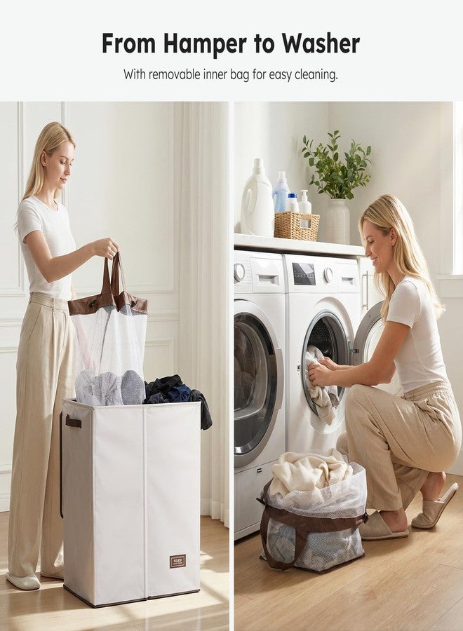 SOLEDI Luxury Double Laundry Hamper with Lid and Removable Bags, Large Hamper for Laundry, Laundry Basket 2 Sections, Collapsible Ditry Clothes Hamper for Bedroom, Laundry Room, Bathroom, Off-white - Image 2