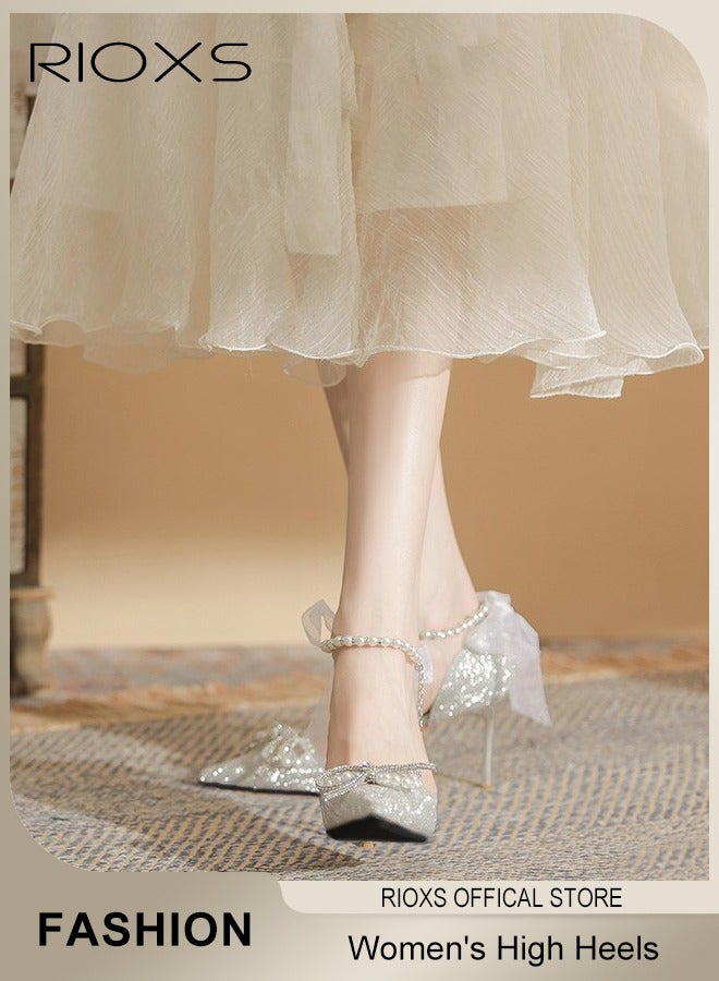 RIOXS Women's Heeled Shoe, Fashion Rhinestones High Heels, Ladies Slingback Ankle Strap Stiletto Pumps Shoes, Pointed Closed Toe Heels Shoes, Chunky High Heel Pump For Wedding Party - Image 4