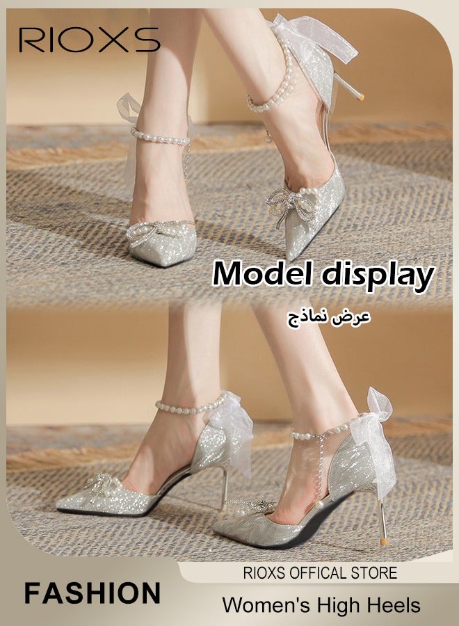 RIOXS Women's Heeled Shoe, Fashion Rhinestones High Heels, Ladies Slingback Ankle Strap Stiletto Pumps Shoes, Pointed Closed Toe Heels Shoes, Chunky High Heel Pump For Wedding Party - Image 2