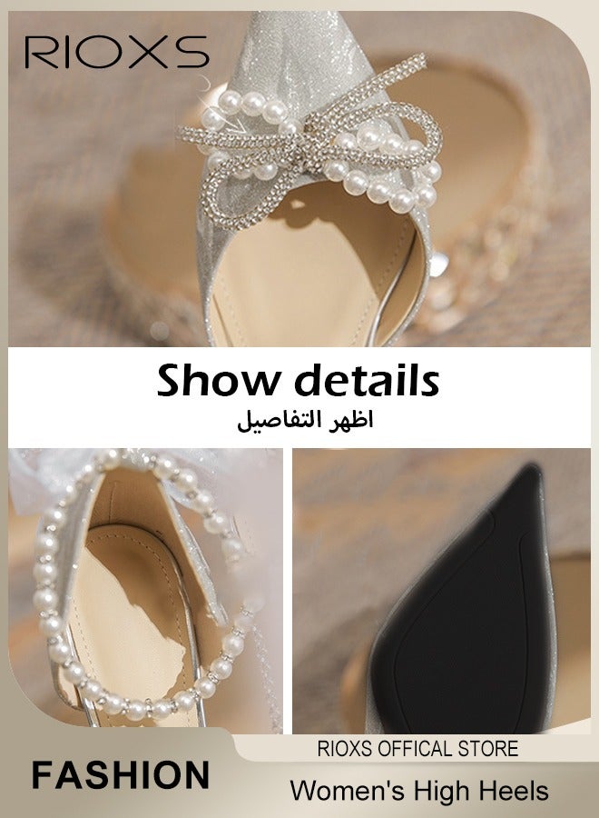 RIOXS Women's Heeled Shoe, Fashion Rhinestones High Heels, Ladies Slingback Ankle Strap Stiletto Pumps Shoes, Pointed Closed Toe Heels Shoes, Chunky High Heel Pump For Wedding Party - Image 3