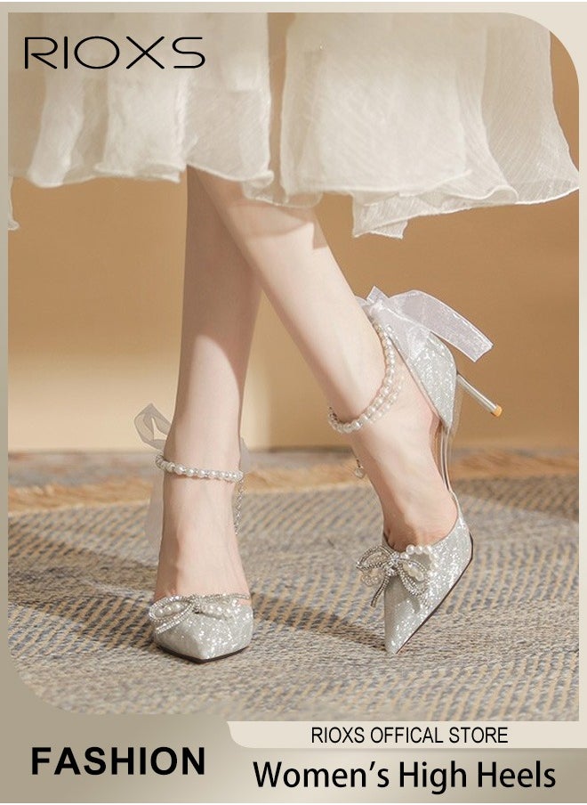 RIOXS - Women's Heeled Shoe, Fashion Rhinestones High Heels, Ladies Slingback Ankle Strap Stiletto Pumps Shoes, Pointed Closed Toe Heels Shoes, Chunky High Heel Pump For Wedding Party - Image 1