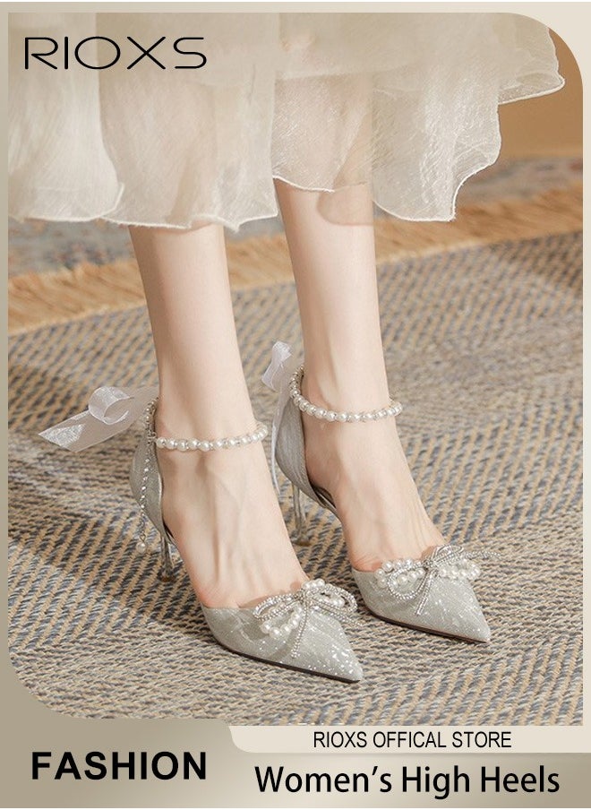 RIOXS - Women's Heeled Shoe, Fashion Rhinestones High Heels, Ladies Slingback Ankle Strap Stiletto Pumps Shoes, Pointed Closed Toe Heels Shoes, Chunky High Heel Pump For Wedding Party - Image 1