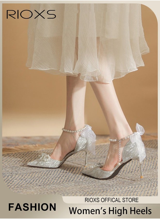 RIOXS - Women's Heeled Shoe, Fashion Rhinestones High Heels, Ladies Slingback Ankle Strap Stiletto Pumps Shoes, Pointed Closed Toe Heels Shoes, Chunky High Heel Pump For Wedding Party - Image 1
