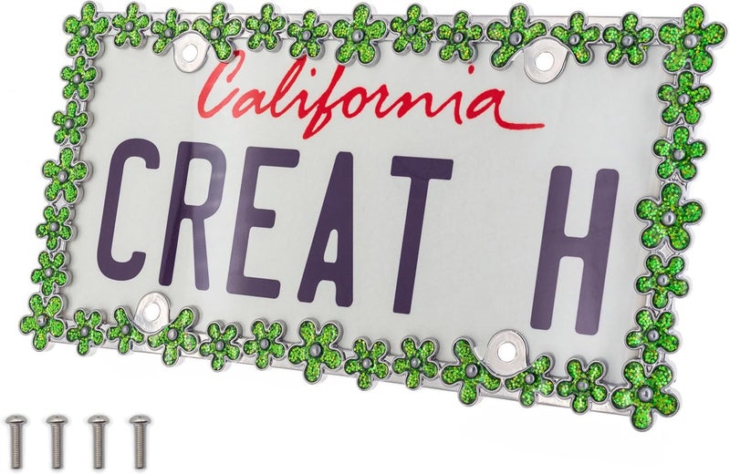 CRAFTHOME 3D Shining Daisy Wrenth License Plate Frame from Pure Zinc Alloy Metal Perfect Plate Holder, Chrome with Green - Image 1