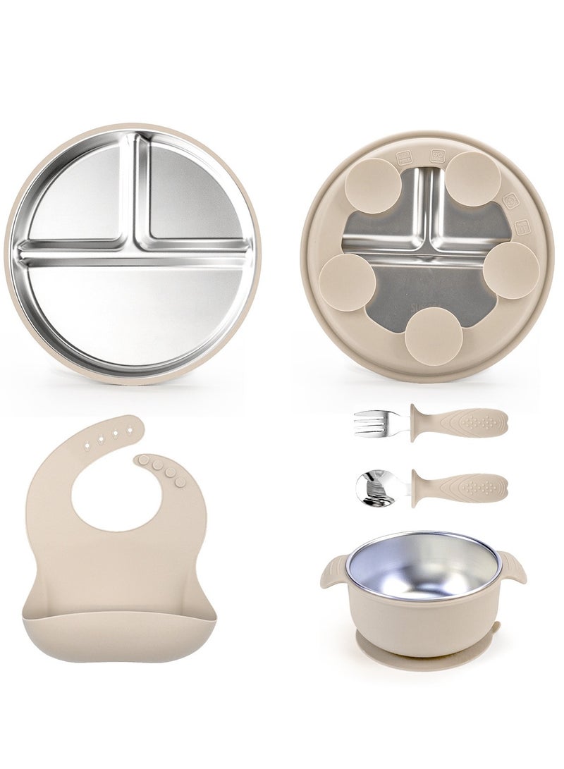 ZAYVA 5 Pcs Stainless Steel Baby Feeding Set, Kids Plates and Suction Bowls with Removable Silicone, Forks Spoons Pocket Bib for Baby Toddle - Image 1