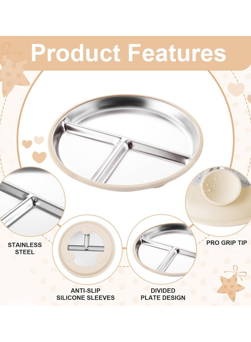 ZAYVA 5 Pcs Stainless Steel Baby Feeding Set, Kids Plates and Suction Bowls with Removable Silicone, Forks Spoons Pocket Bib for Baby Toddle - Image 2