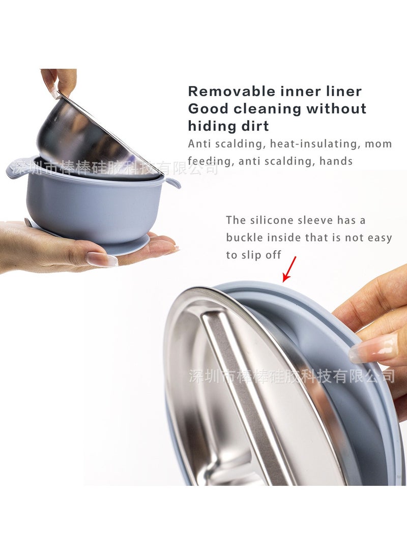 ZAYVA 5 Pcs Stainless Steel Baby Feeding Set, Kids Plates and Suction Bowls with Removable Silicone, Forks Spoons Pocket Bib for Baby Toddle - Image 5