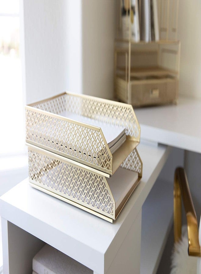 BLU MONACO Gold File Organizer - Stackable Paper Tray Set of 2 for Desk, Office Inbox & Letter Trays, Gold Desk Organizer - Image 4