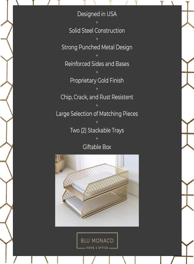BLU MONACO Gold File Organizer - Stackable Paper Tray Set of 2 for Desk, Office Inbox & Letter Trays, Gold Desk Organizer - Image 3