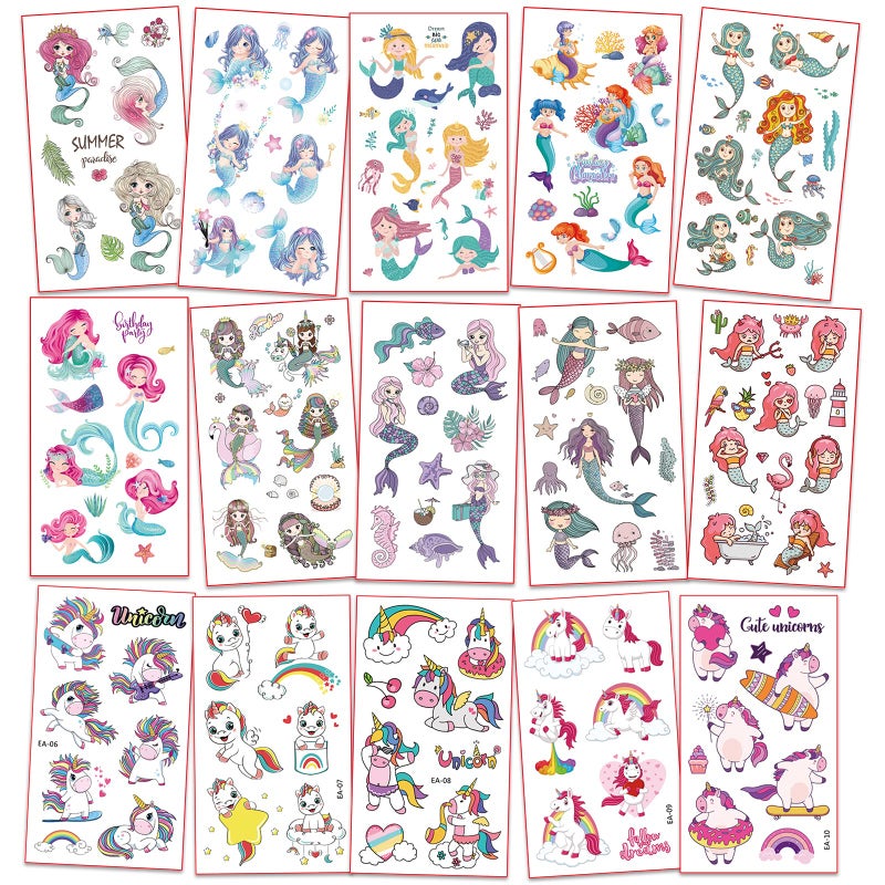 Metker Waterproof Temporary Tattoos For Kids - 260 Pieces | Unicorns & Mermaids | Temporary Tattoo Sheets for Girls | Party Favor for Goody Bags | Non-toxicã€Skin-Safe*ã€Cosmetic-Grade - Image 3