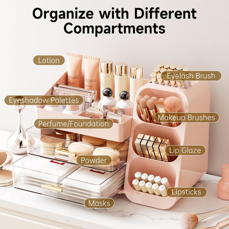UFORU Makeup Organizer for Vanity with Brush Holder, Countertop Skincare Organizer with 2 Drawers, Spacious Cosmetic Display Case for Perfumes, Eyeshadow Palettes, Nail Polishes - Image 5