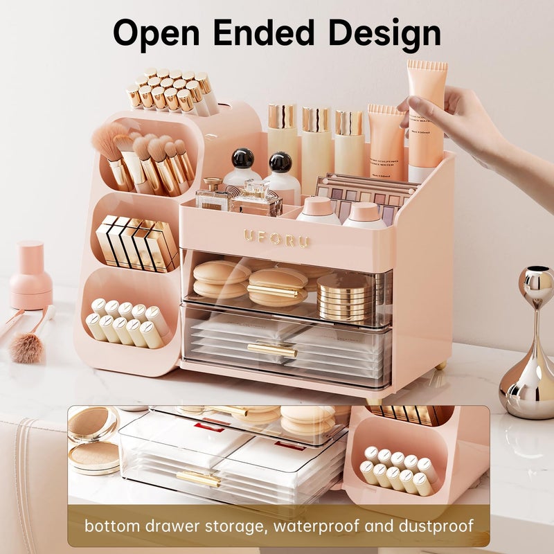 UFORU Makeup Organizer for Vanity with Brush Holder, Countertop Skincare Organizer with 2 Drawers, Spacious Cosmetic Display Case for Perfumes, Eyeshadow Palettes, Nail Polishes - Image 4