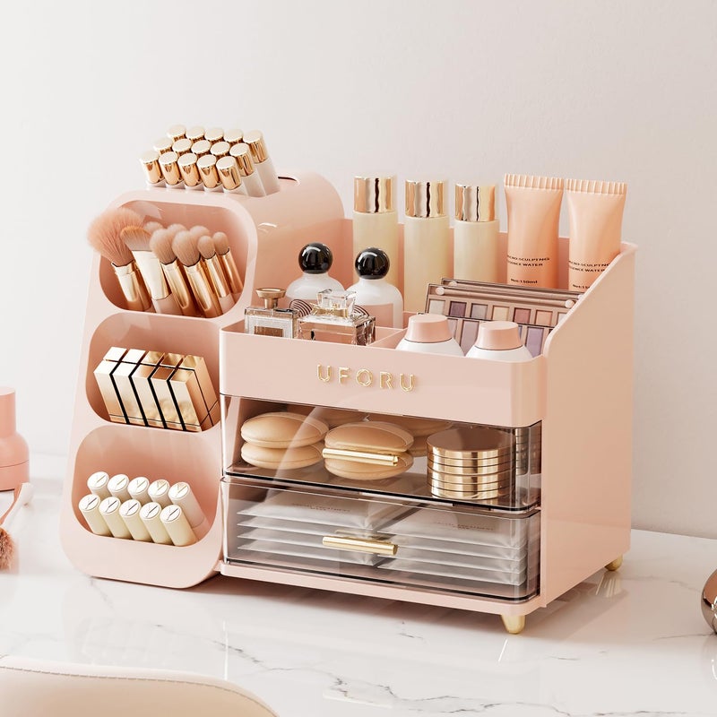 UFORU Makeup Organizer for Vanity with Brush Holder, Countertop Skincare Organizer with 2 Drawers, Spacious Cosmetic Display Case for Perfumes, Eyeshadow Palettes, Nail Polishes - Image 2