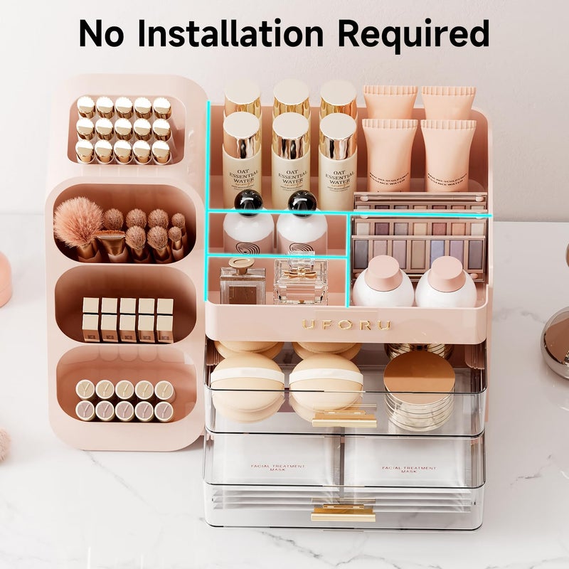 UFORU Makeup Organizer for Vanity with Brush Holder, Countertop Skincare Organizer with 2 Drawers, Spacious Cosmetic Display Case for Perfumes, Eyeshadow Palettes, Nail Polishes - Image 3