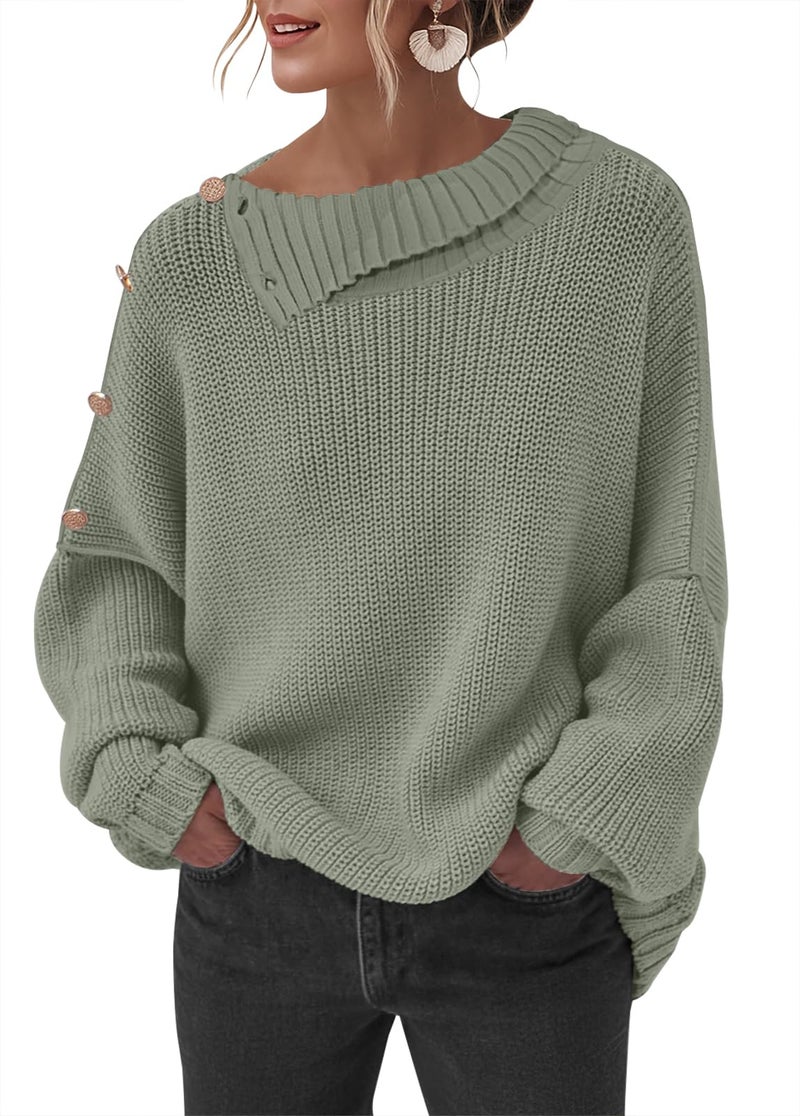 SAUKOLE Women's 2026 Fall Winter Sweater Fashion Off Shoulder Pullover Tops with Button Solid Color Casual Sweaters - Image 1