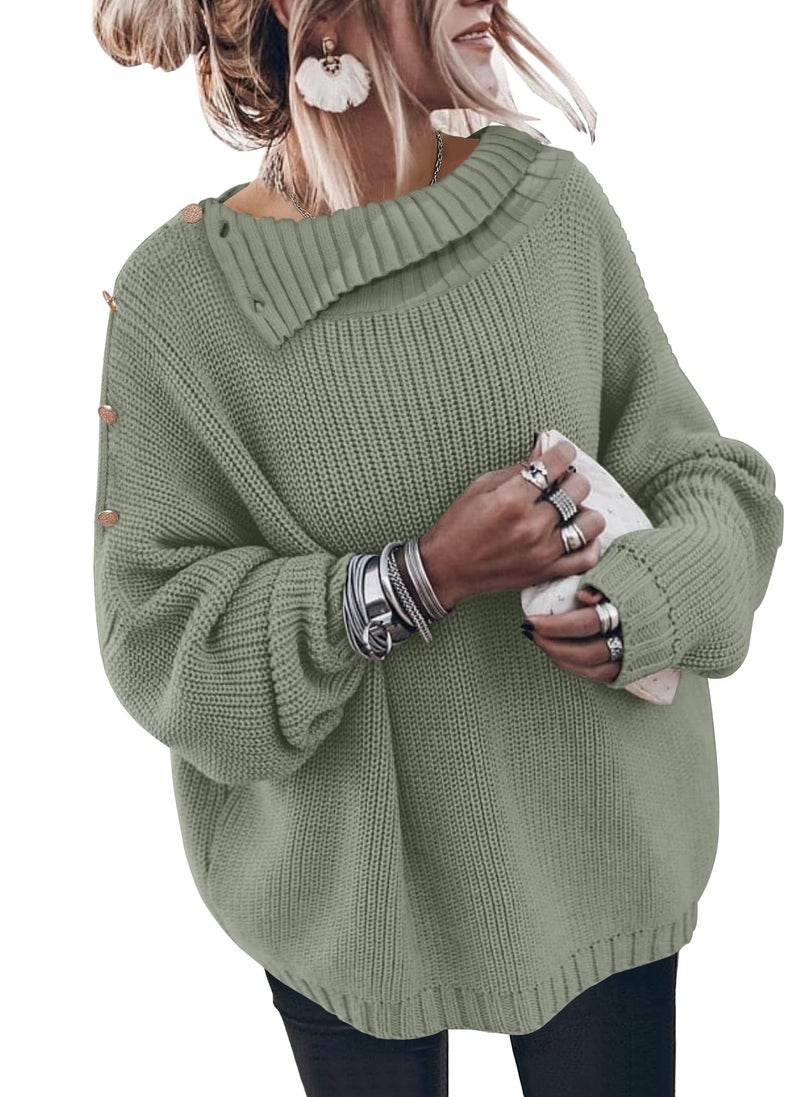 SAUKOLE Women's 2026 Fall Winter Sweater Fashion Off Shoulder Pullover Tops with Button Solid Color Casual Sweaters - Image 2