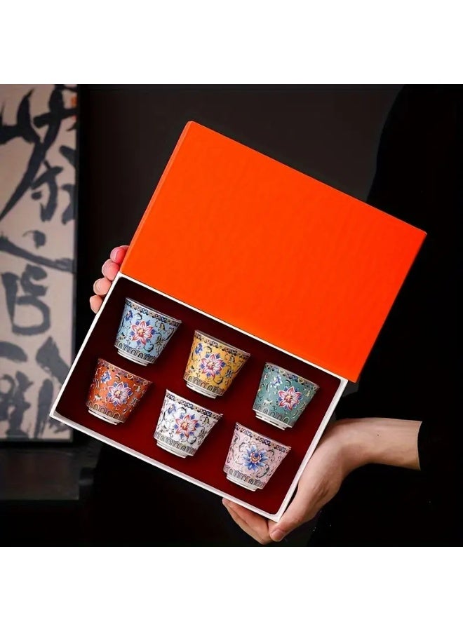 Relex Handmade Chinese Tea Set, 6-Pack Ceramic Kung Fu Teacups with Enamel Patterns, Porcelain Tea Cup Gift Set for Women, Traditional Handcrafted Tea Ware - Image 1