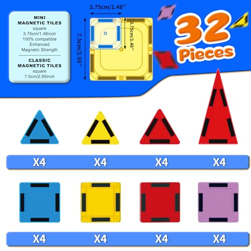 GEKETY Mini Magnetic Tiles for Kids, Magnetic Building Set, Construction STEM Travel Toys for Boy Girl Ages 3+, Montessori Preschool Learning Educational Sensory Magnet Creative Toy Gift for Toddlers, 32 Pcs - Image 2