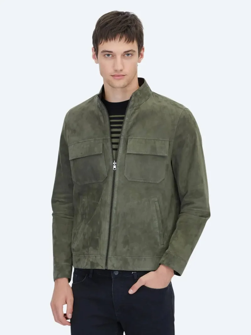 كيب معطف جلدي أنيق ذو وجهين، بياقة عالية وقصة عادية، لون كاكي