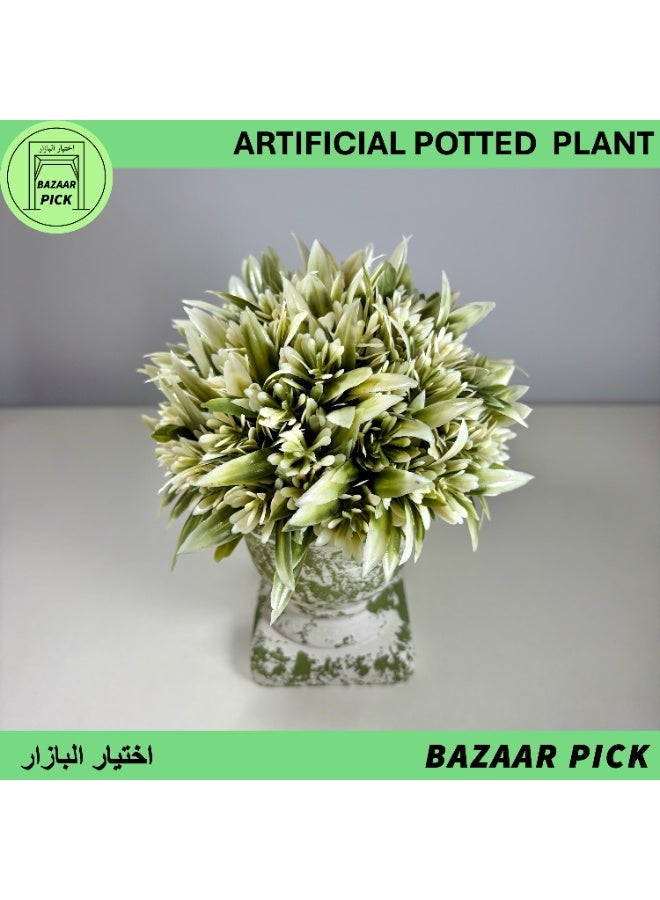 نبات اصطناعي مع مركن - عشب دائري أخضر وأبيض بارتفاع 17 سم (6.7 بوصة)، نباتات خضراء صناعية صغيرة لديكور المنزل والمكتب - Image 2