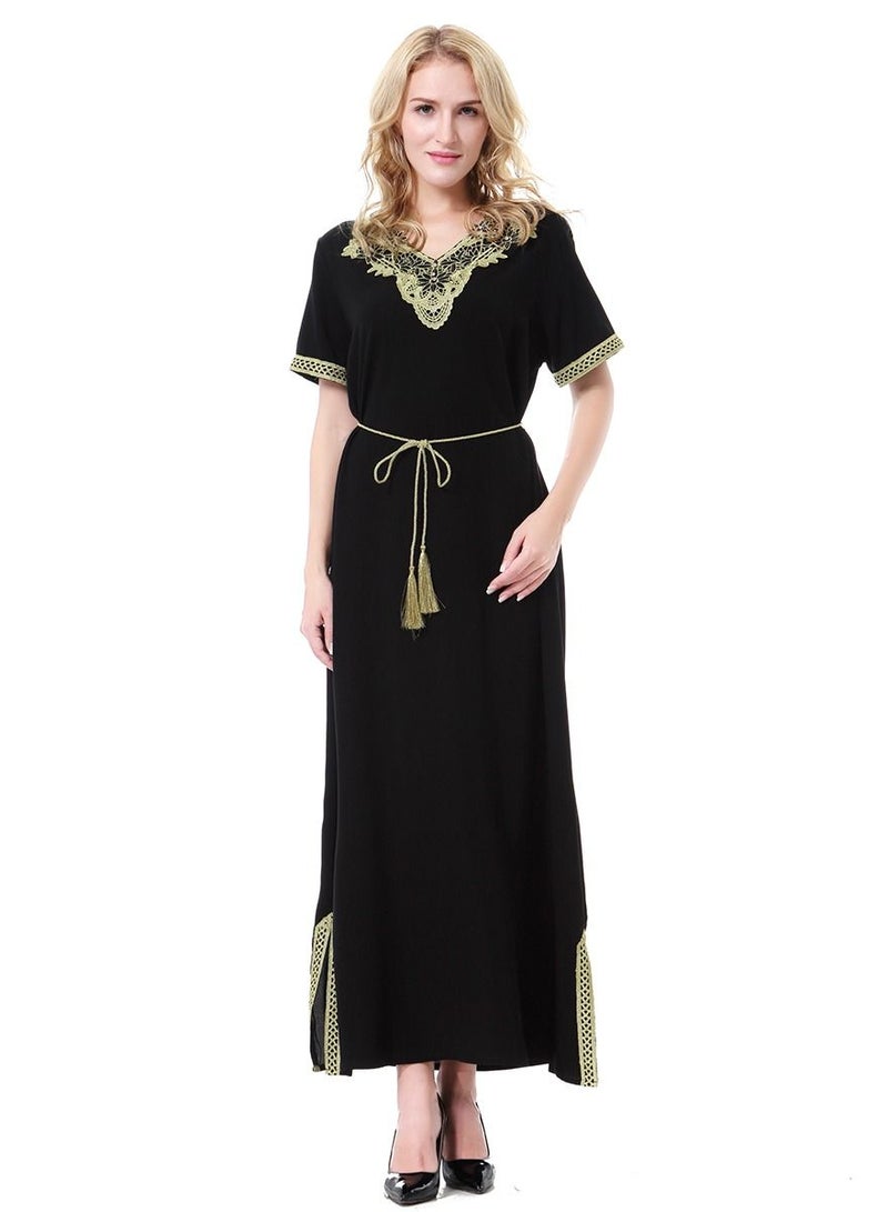 Loquat Lady's Solid Color V-Neck Lace Applique Dress Short Sleeve Maxi Long Dress Whith Belt Black/Gold  - Image 1