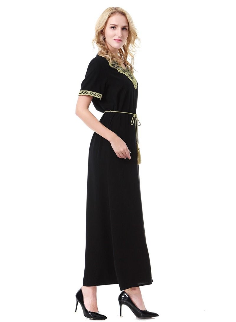 Loquat Lady's Solid Color V-Neck Lace Applique Dress Short Sleeve Maxi Long Dress Whith Belt Black/Gold  - Image 2