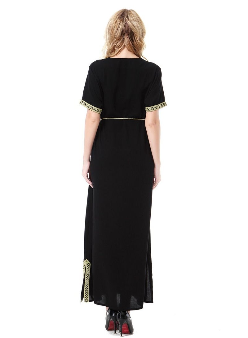 Loquat Lady's Solid Color V-Neck Lace Applique Dress Short Sleeve Maxi Long Dress Whith Belt Black/Gold  - Image 3