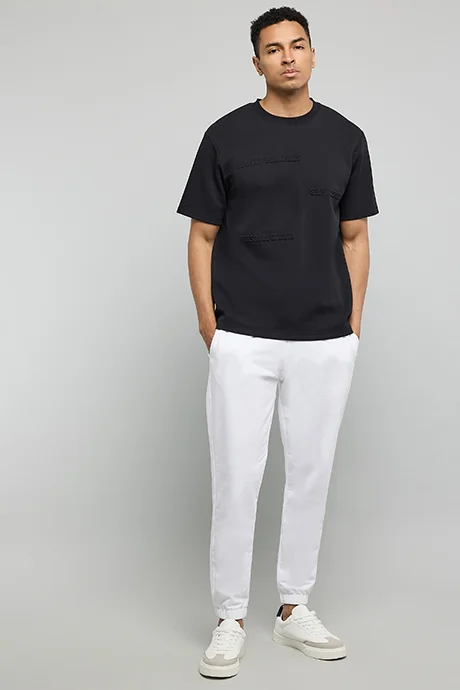أر أند بي Embossed Print T-Shirt with Crew Neck and Short Sleeves