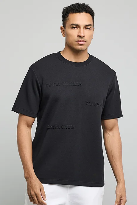 أر أند بي Embossed Print T-Shirt with Crew Neck and Short Sleeves