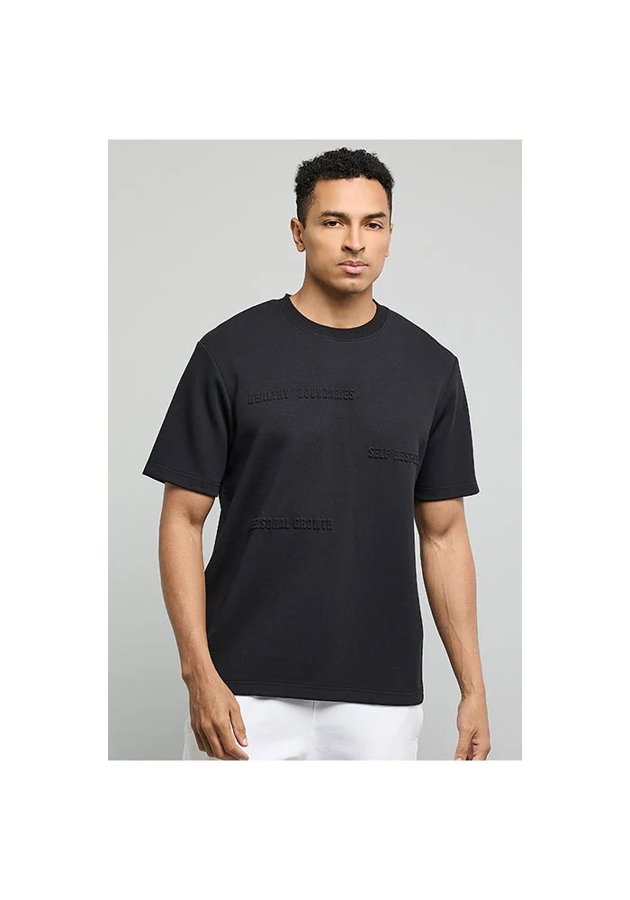 أر أند بي Embossed Print T-Shirt with Crew Neck and Short Sleeves