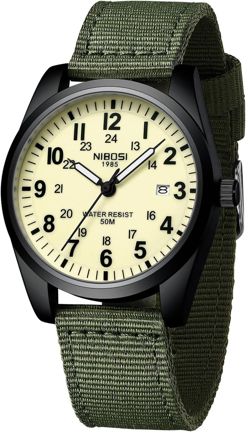 NIBOSI Men's Military Green Waterproof Quartz Watch with Nylon Strap - Image 1