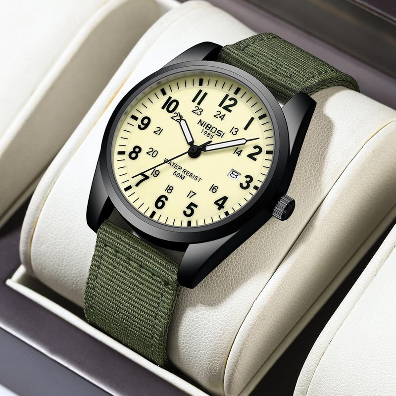 NIBOSI Men's Military Green Waterproof Quartz Watch with Nylon Strap - Image 4