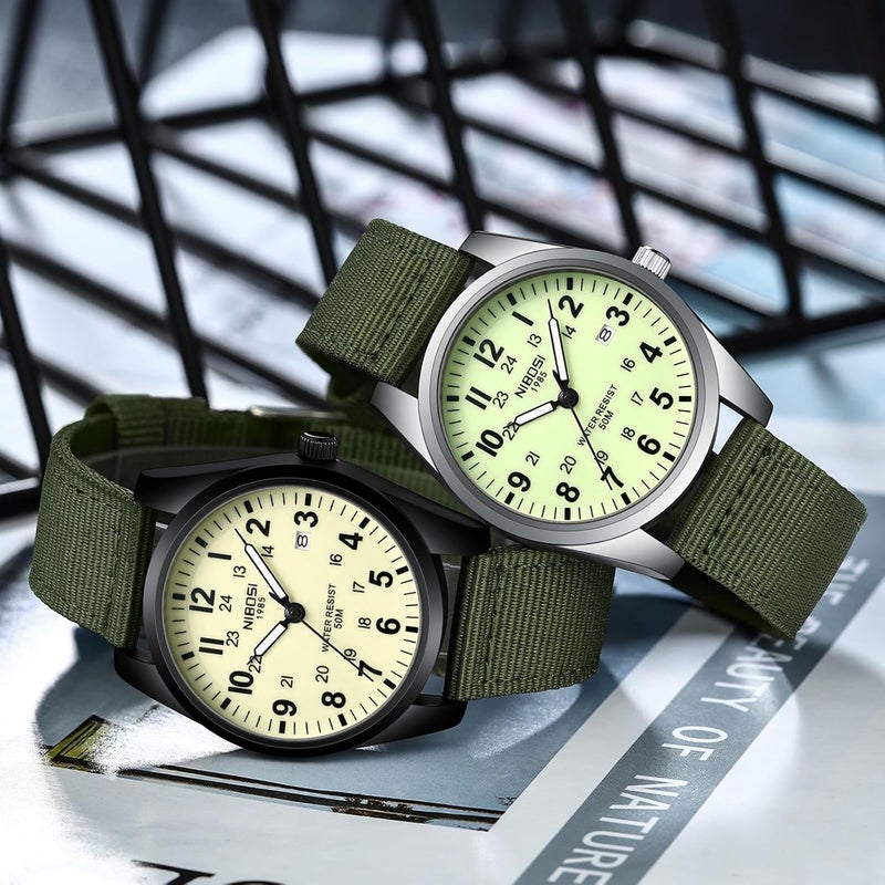NIBOSI Men's Military Green Waterproof Quartz Watch with Nylon Strap - Image 5