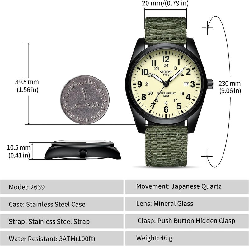 NIBOSI Men's Military Green Waterproof Quartz Watch with Nylon Strap - Image 2