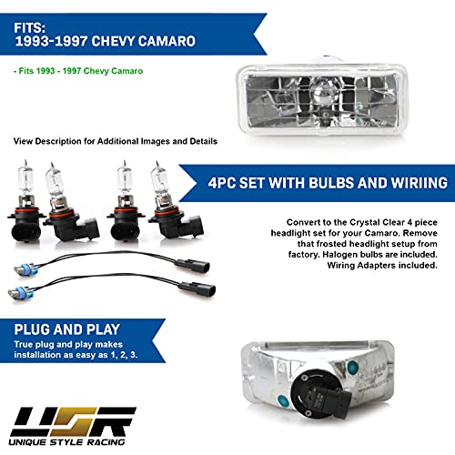 USR UNIQUE STYLE RACING USR H4351 / H4352 Sealed Beam Headlights - Low + High Beam 2" x 5" Seal Beam Conversion Head Lamps Compatible with 1993-1997 Chevrolet Camaro (Euro Crystal Style 4 Pieces, with Bulbs and Wire Adapter) - Image 4