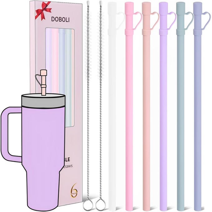 REUSABLE REPLACEMENT 12 INCH LONG SILICONE STRAW WITH COVER STOCKING STUFFERS GIFTS FOR WOMEN MEN TEENS GIRLS BOYS COMPATIBLE WITH STANLEY TUMBLER CUP ACCESSORIE 40 OZ 30 OZ 6 PACK