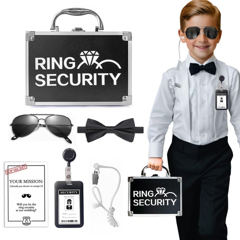 COSLANLEE Wedding Ring Security Box With Holder Pad Ring Bearer Breifcase Proposal Gifts Set with Ring Bearer Box Sunglasses Earpiece Badge Bow Tie Mission Card for Ceremony - Image 2