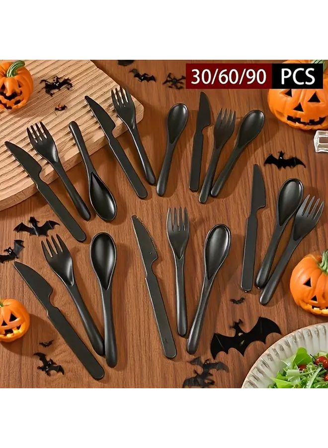 Black 60 Piece Reusable Tableware Set With Forks Spoons Knives Dishwasher Safe Lightweight Plastic - Image 1