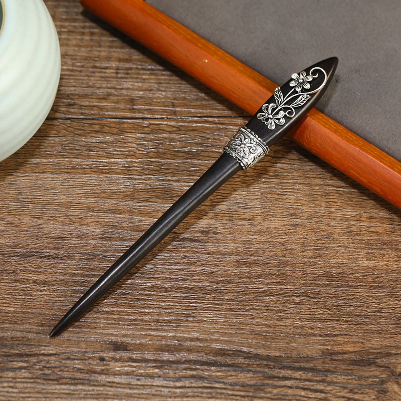Generic Vintage Ebony Wood Hairpin Silver Ancient Style Long handle ancient silver patch Ebony hairpin autumn chrysanthemum 