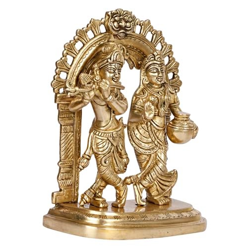 ARTVARKO Radha Krishna Brass Murti Murli Kishan Playing Flute Radha Standing with Pitcher on Kirtimukha Singhasana Height 21.5 cm - Image 3