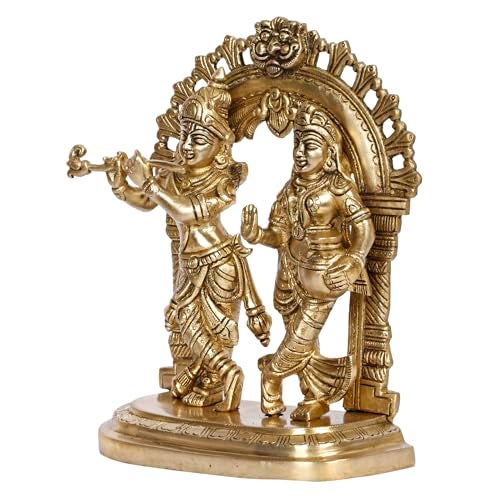 ARTVARKO Radha Krishna Brass Murti Murli Kishan Playing Flute Radha Standing with Pitcher on Kirtimukha Singhasana Height 21.5 cm - Image 4