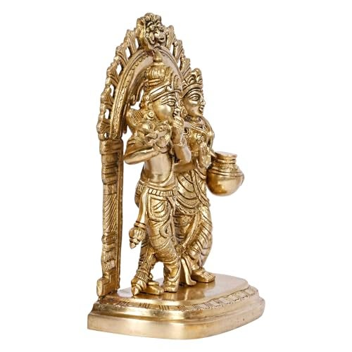 ARTVARKO Radha Krishna Brass Murti Murli Kishan Playing Flute Radha Standing with Pitcher on Kirtimukha Singhasana Height 21.5 cm - Image 5